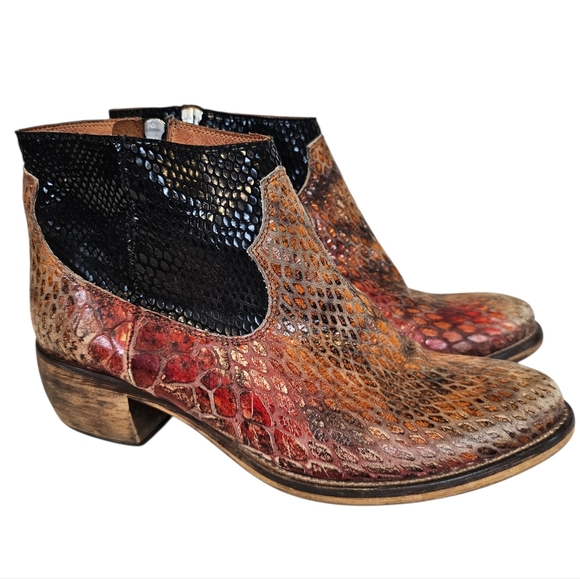 Free People Shoes - Free People RARE Snake Print Colorful Leather Heeled Boots Bohemian Distressed